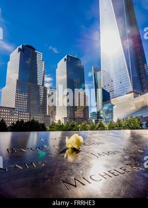 Einzelne Rose auf gravierten Namen von Opfern am 9/11 Memorial, New York, USA Stockfoto