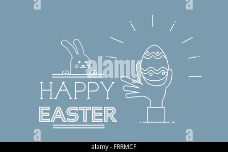 Hand halten gemalt Ei Kaninchen Frohe Ostern Urlaub Grußkarten-dünne Linie Stock Vektor