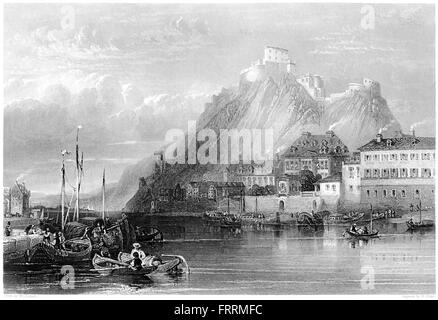Eine Gravur der Festung Ehrenbreitstein gescannt Rhein in hoher Auflösung aus einem Buch, gedruckt im Jahre 1876. Stockfoto