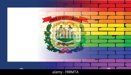 Eine gut getragene Wand gemalt mit einem LGBT-Regenbogen mit dem West Virginia State flag Stock Vektor