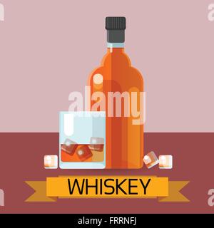 Whisky Flasche Glas mit Eis Alkohol trinken Symbol Wohnung Stock Vektor