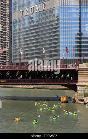 Kajakfahrer auf dem Chicago River mit dem DuSable Brücke und Trump Tower an einem Sommertag in Chicago, Illinois, USA Stockfoto