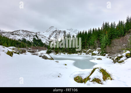 Storvatnet See vor der Landschaft der Lofoten Berge auf der Insel Flakstadoy im Winter. Stockfoto