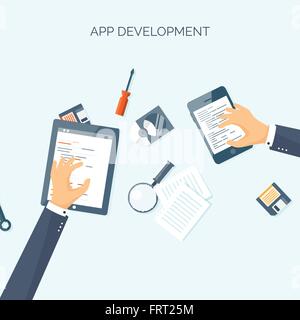 Vektor-Illustration. Flach-Header. Programmierung, Online-Codierung. Web-Kurse. Internet, Web-Design. App-Entwicklung. Stock Vektor