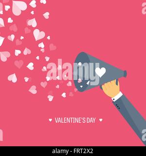 Vektor-Illustration. Flachen Hintergrund mit Lautsprecher. Liebe, Herzen. Valentines Day. Mein Valentin sein. 14 Februar.  Nachricht. Stock Vektor