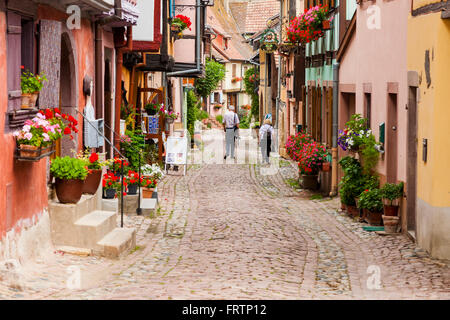 Fachwerkhäuser, entlang der Weinstraße, Eguisheim, Elsass, Haut Rhin, Frankreich Stockfoto