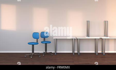 Abstellraum mit Tischen und zwei Drehstühle, 3D Rendering Stockfoto