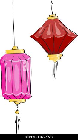 Vektor-Zeichenprogramm. Zwei schöne chinesische Laterne auf weißem Hintergrund Stock Vektor