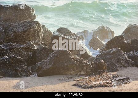 Wasser fließt über die Felsen am Strand Stockfoto