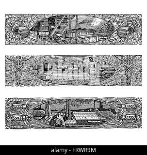 Drei schöne Vintage Art-deco-Grenzen beschreibt Oldtimer Technik, Industrie und Transport, alle umrahmt von Iper geschmückt Schnörkel Umhüllung symbolische Elemente Stockfoto