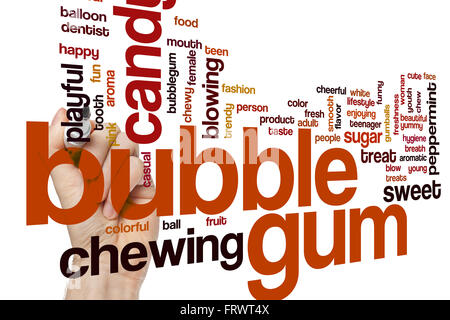 Bubble Gum Word Cloud-Konzept mit Süßigkeiten kauen Verwandte tags Stockfoto