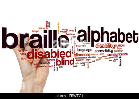 Braille Alphabet Word Cloud-Konzept mit blinden Touch Verwandte tags Stockfoto