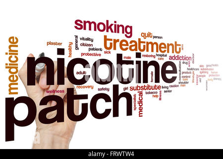 Nikotin Pflaster Word Cloud-Konzept mit Behandlung Tabak Verwandte tags Stockfoto
