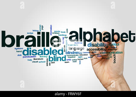 Braille Alphabet Word Cloud-Konzept mit blinden Touch Verwandte tags Stockfoto