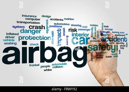 Airbag-Wort-Cloud-Konzept mit Sicherheit im Auto Verwandte tags Stockfoto