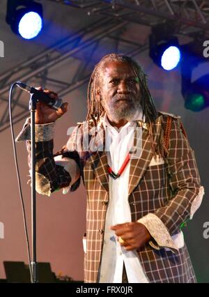 Winston McAnuff, Teil von Winston und Fixi, Womad 2015, Charlton Park, Wiltshire, England, GB. Stockfoto