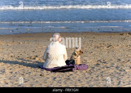 Ältere Dame und ihr Hund sitzt auf einem Sandstrand am Studland Bay Dorset UK Stockfoto