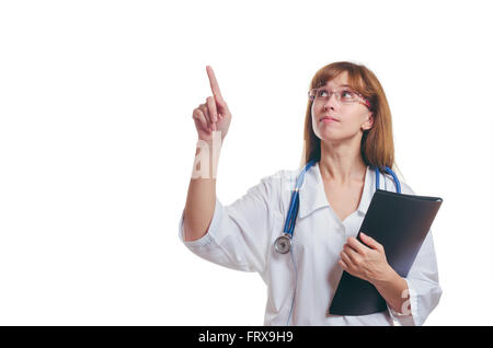Der Arzt mit dem schwarzen Ordner zeigt einen finger Stockfoto