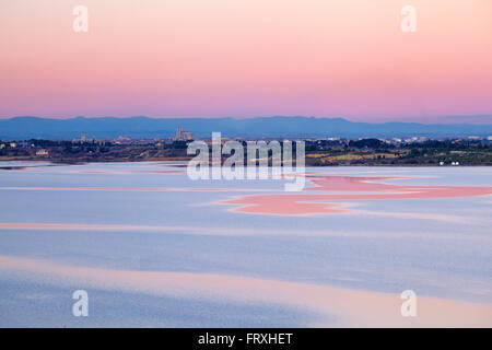 Blick über die Étang de Bages et de Sigean in Richtung Narbonne mit Saint-Just-et-Saint-Pasteur Kathedrale im Hintergrund, Narbonne, Abt. Aude, Roussillon, Frankreich, Europa Stockfoto