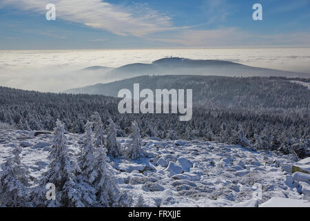 Blick vom Brocken Berg zum Wurmberg bei Braunlage, Harz, Sachsen-Anhalt, Deutschland Stockfoto