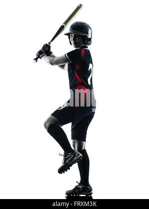 eine Frau spielen Softball-Spieler in der Silhouette isoliert auf weißem Hintergrund Stockfoto