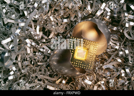 Nest mit einem gebrochenen Silber Ei mit einem Mikro-Chip Stockfoto