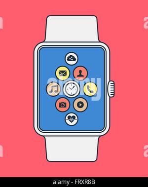 Moderne Smartwatch Abbildung in Linie Kunststil mit bunten social-app Icons auf dem Bildschirm. EPS10 Vektor. Stock Vektor