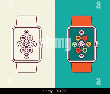 Moderne smart-Watch Illustrationen, flache Linie Kunst Stil Komposition mit bunten social-app-Icons und Gliederung entwerfen. Stock Vektor