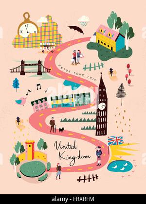 entzückende Großbritannien Reisen Karte in der hand gezeichnete Stil Stock Vektor