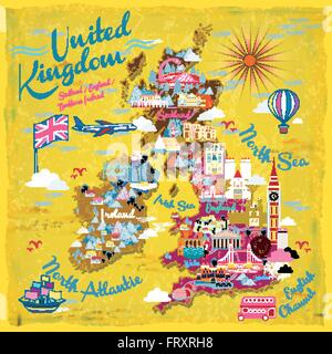attraktive Großbritannien Reisekarte mit Attraktionen-Symbol Stock Vektor