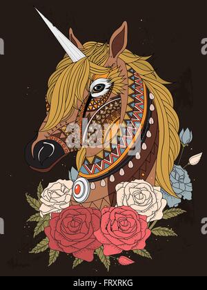 Heiligen Einhorn mit Rosen - Erwachsene Malvorlagen Stock Vektor