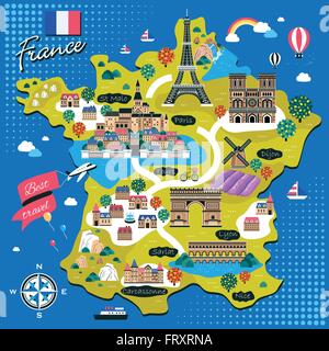 attraktive Frankreich Reise-Karte mit Sehenswürdigkeiten im flat design Stock Vektor