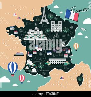 attraktive Frankreich Reise-Karte mit Sehenswürdigkeiten im flat design Stock Vektor