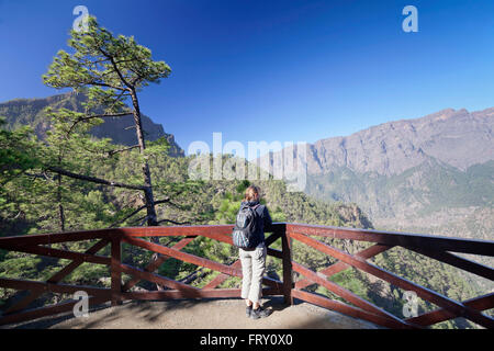 Blick vom Mirador de Las Chozas auf die Caldera de Taburiente, La Cumbrecita, Nationalpark Caldera de Taburiente Stockfoto