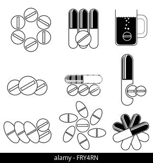Reihe von verschiedenen Pillen Icons Stockfoto