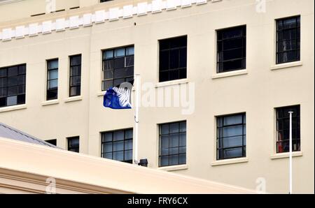 Wellington. 24. März 2016. Foto aufgenommen am 24. März 2016 zeigt alternative Nationalflagge Neuseelands in Wellington Town Hall in Wellington, der Hauptstadt von Neuseeland. Neuseeländer haben dafür gestimmt, halten den britischen Union Jack in ihrer Nationalflagge Premierminister John Key Gebot für einen Wechsel zu einem silbernen Farn-Design in ein Referendum, das Donnerstag geschlossen zurück. © Su Liang/Xinhua/Alamy Live-Nachrichten Stockfoto