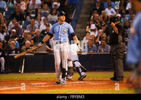 Tampa, Florida, USA. 24. März 2016. WILL VRAGOVIC | Times.Tampa Bay Strahlen dritte Baseman Evan Longoria (3) reagiert nach dem Auftreffen im fünften Inning des Spiels zwischen den Tampa Bay Rays und die New York Yankees in George M. Steinbrenner Field in Tampa, Florida am Donnerstag, 24. März 2016. © Willen Vragovic/Tampa Bay Times / ZUMA Draht/Alamy Live News Stockfoto