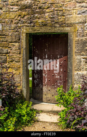 Einer offenen alten verwitterten Holztür mit Metall-Nieten, ist die Farbe der mit Verfärbungen am unteren peeling Stockfoto
