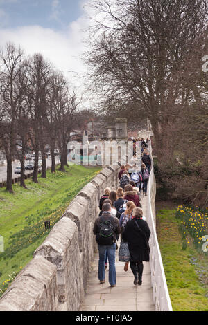 Schüler und Lehrer Fuß entlang der Stadtmauer von York, North Yorkshire, England, UK Stockfoto