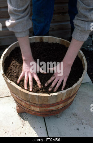 Nahaufnahme eines Gärtners Abflachung nach unten Kompost im Holzfass Stockfoto