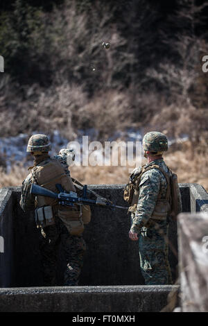 U.S. Marine Corps Lance Cpl. Edward Tuma, Schütze, 1. Bataillon, 3. Marineregiment (1/3), wirft einer live Granate an der Granate Range bei Fuji Viper 16-3 auf Lager Fuji, Fuji, Japan, 11. Februar 2016. Die Marines von 1/3 durchgeführten live Granate training, um ihre Kenntnisse in Kampfhandlungen aufrecht zu erhalten. Fuji Viper 16-3 ist eine Übung wo führen Marines und Matrosen, scharfer Munition und nicht live kombiniert Schusswaffen training um Bekämpfung Kenntnisse zur Unterstützung von Kontingenz Vorgängen im Einsatzgebiet US Pacific Command aufrecht zu erhalten. . (US Marine Corps Foto von MCIPAC Bekämpfung Kamera Stockfoto