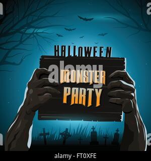 Halloween-Vektor Illustration Zombie Arme vom Boden mit Einladung Banner party Stock Vektor
