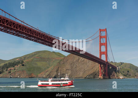 Freizeit-Boot vorbei unter der Golden Gate Bridge in San Francisco, Kalifornien, USA Stockfoto