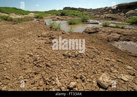 Globaltemperaturanstiegbegriff, trockene Risse im Land in ländlichen Gebieten Stockfoto