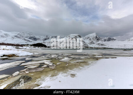 Flakstadoya auf den Lofoten, Norwegen im Winter an einem bewölkten Tag. Stockfoto