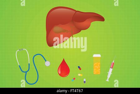 Leber Hepatitis-Erkrankung mit Mediicine Pillen und Gesundheitswesen-Symbol Stock Vektor