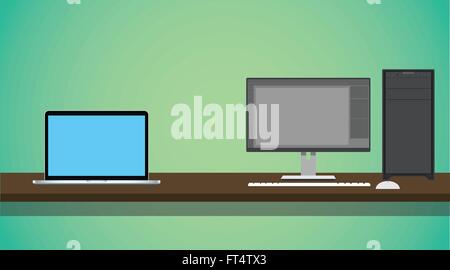 PC Vs Notebook vergleichen auf dem Schreibtisch mit grünem Hintergrund Stock Vektor