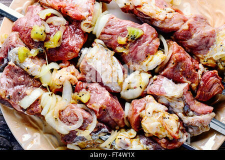 Fleisch mit Gewürzen und Marinade mit Kiwi am Spieß für Kebabs mit Gewinde Stockfoto