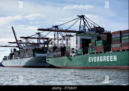 HAMBURG, Deutschland - Containerschiff im Hamburger Hafen (Hamburger Hafen) ist eine deutsche Hafenstadt an der Elbe Stockfoto