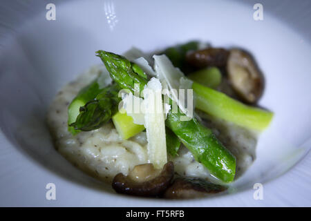 Grüner Spargel-Risotto mit Pilzen und Parmesan-Käse serviert. Stockfoto